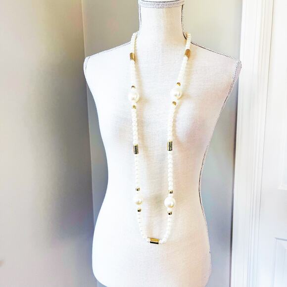 Chico’s Long Faux Pearl & Gold Necklace - Picture 3 of 10